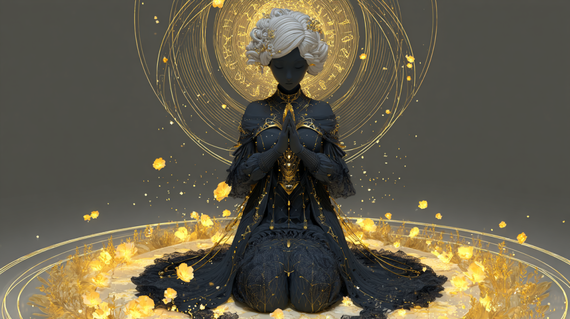 A tall and elegant prayer girl with black body and faceless black head, silver-white textured curly预览效果
