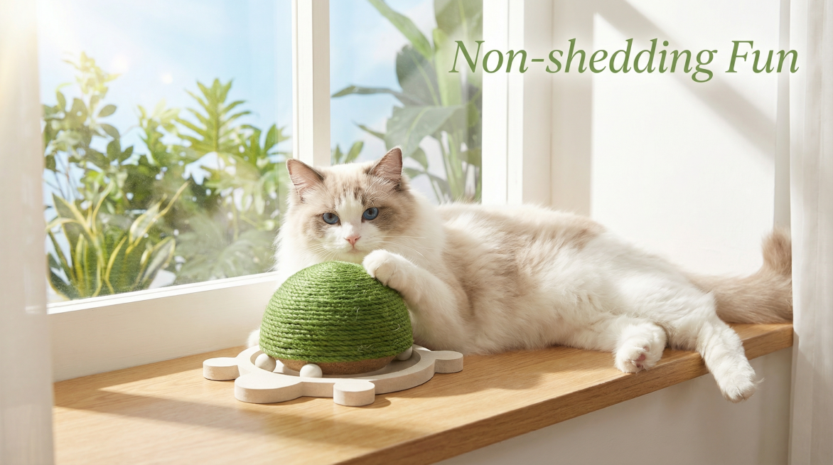 以图中的猫抓柱为元素,猫咪磨爪不掉屑解闷玩具,设计6张跟猫抓柱有关的图，可以适当加一些英语文字点缀一下,比例 「16:9」预览效果