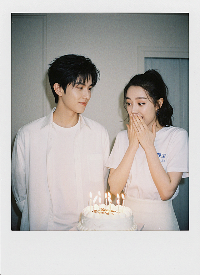 胶片风实景拍摄，柔和光影中情侣共庆生日，温馨清新氛围扑面而来，烛光映衬真挚笑容。