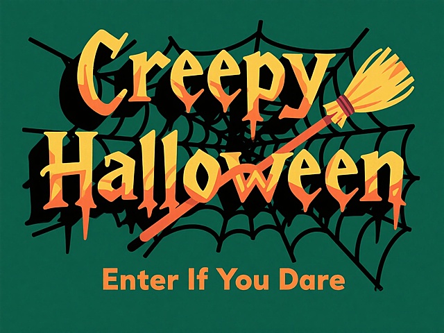 哥特风格与卡通感融合，描边风大字呈现“Creepy Halloween”，蜘蛛网背景营造神秘惊悚氛围，插画风扫帚穿插其间，印刷风标语增添节日张力。