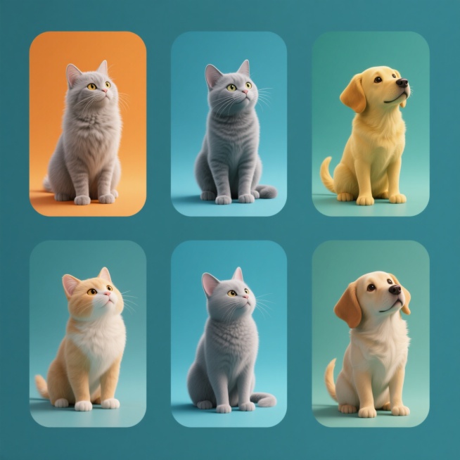 一组6个相同配色的系列素材集合，规整排布，每个素材均为纯色背景上的超写实风格动物肖像，保持原有的毛茸茸质感和清晰细节，画面整体色彩变换为[此处可插入具体变换的色彩，如：温暖的橙色系/清新的蓝色系/柔和的绿色系等]，每个素材中包含一只灰色猫咪和一只黄色狗狗，它们以完全不同的造型和角度出现，可能是站立、坐姿、玩耍、眺望等各种姿态，表情生动自然，构图均衡，所有元素保持超写实的3D质感和细腻的光影效果……预览效果