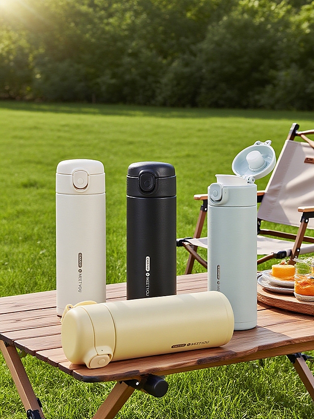 清新自然的户外场景中，四款简约金属质感保温杯以性冷淡风与轻拟物设计呈现，柔和色调搭配实景光影，传递舒适与高级感。