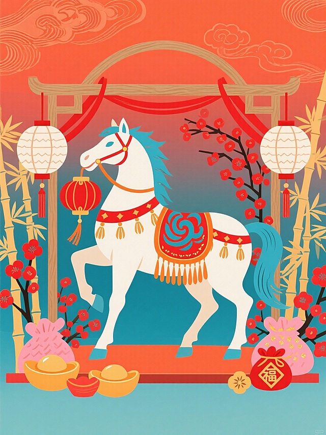 国潮风插画，融合剪纸与刺绣元素，扁平化设计呈现喜庆中式场景，马年主题搭配灯笼、梅花与金元宝，传递浓厚节日氛围。