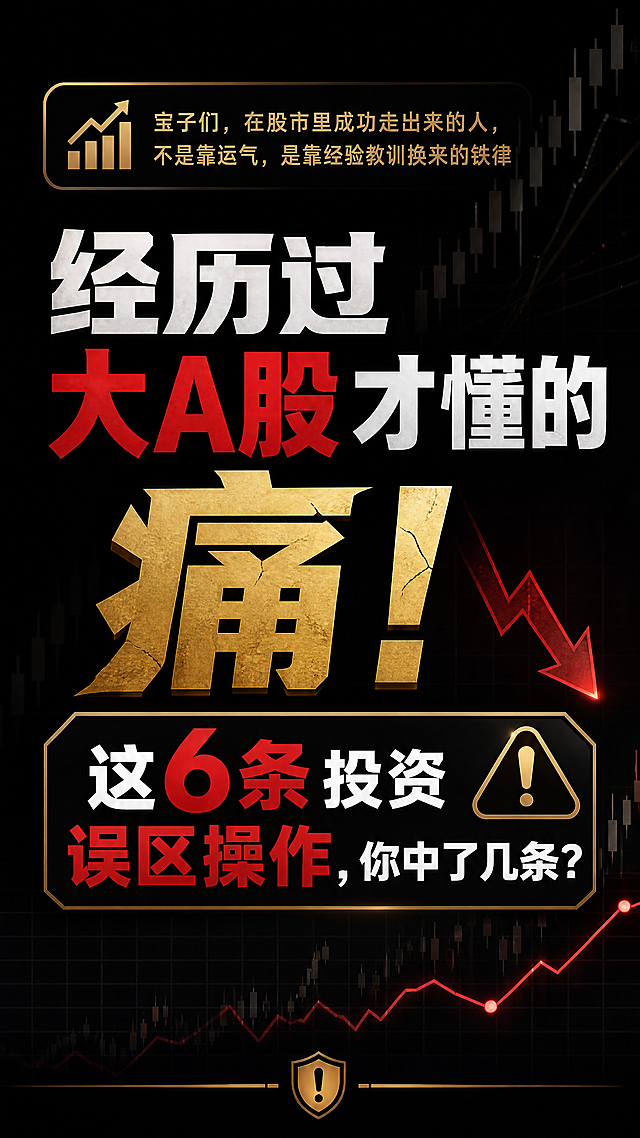 参考原图黑金金融风格生成小红书竖版封面首图，排版简洁直观，文案内容为：经历过大A股才懂的痛！这6条投资误区操作，你中了几条？宝子们，在股市里成功走出来的人，不是靠运气，是靠经验教训换来的铁律，保持黑红金配色，金融财经风格，股票K线暗背景，不修改文案核心含义