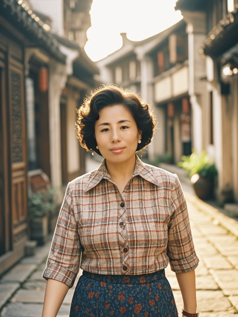 一名中年母亲，胖胖的，70年代复古穿搭，在乌镇小巷散步，眼睛看着镜头，保留人物脸部特征预览效果