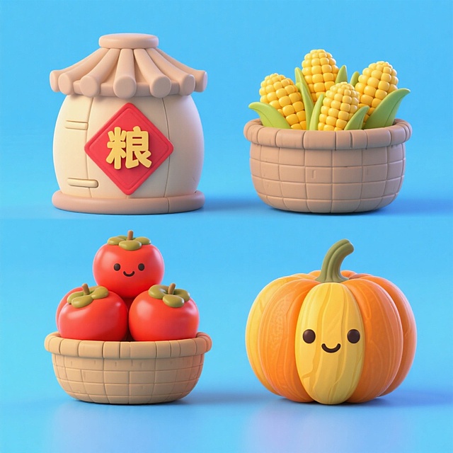 4个中秋素材组合，可爱电商促销感。素材包括：第一个粮仓（贴着带有 “粮” 字的红色菱形福字）；第二个一筐玉米；第三个一筐柿子；第四个南瓜。画面整体呈现鲜艳效果，淡蓝色背景。上下两行，排列整齐