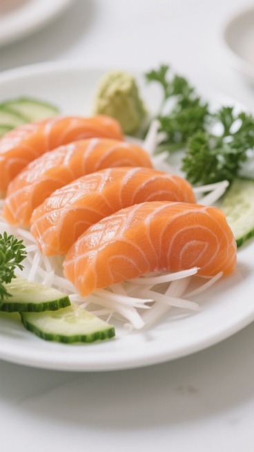 特写镜头下的三文鱼生鱼片，橙红色的鱼肉纹理清晰，表面泛着水润光泽，整齐地排列在铺有白色萝卜丝的白色瓷盘上，周围点缀着翠绿的黄瓜片和新鲜的欧芹叶，背景简洁干净，光线明亮柔和，突出食材的新鲜质感和自然色彩，营造出清爽、精致的日式料理氛围。预览效果