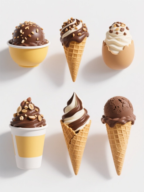 六个完全不同造型的冰淇淋系列素材集合，包括圆筒冰淇淋、碗状冰淇淋、蛋筒冰淇淋、杯装冰淇淋、甜筒冰淇淋和冰淇淋球，全部采用写实风格，以巧克力色、黄色和白色为主色调，表面覆盖巧克力脆皮和坚果碎，内部有层次分明的奶油和酱料，每个冰淇淋都有独特的形状和装饰，整体排布规整，背景为纯白色，光影效果突出冰淇淋的立体感和质感，营造出清凉诱人的氛围。预览效果