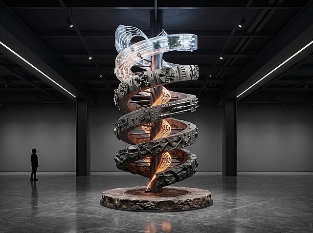 雕塑，融合金属与霓虹灯元素，展现科技与自然的螺旋共生，未来感十足的虚拟现实艺术装置。