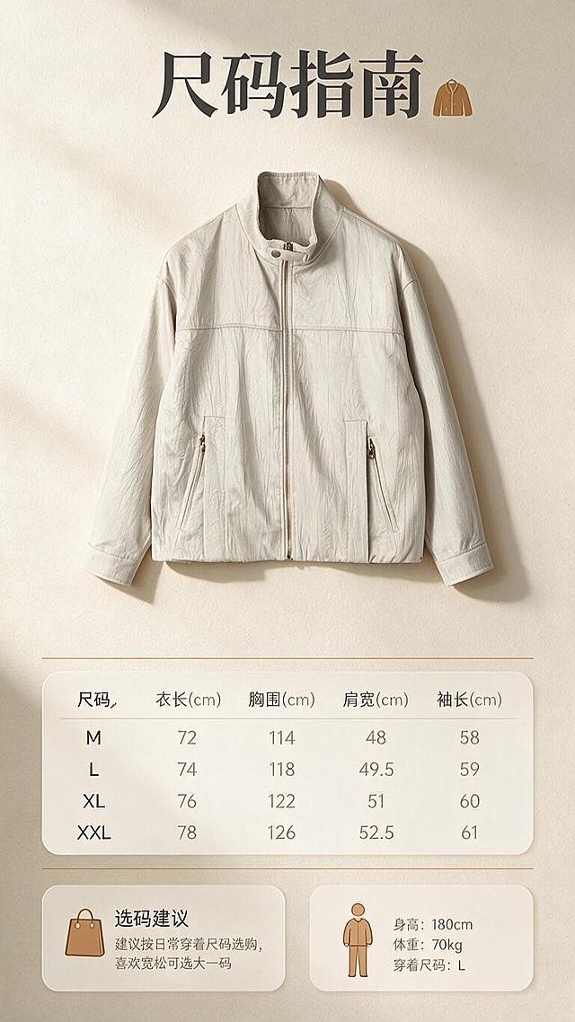 [商品] 使用【图1】浅米色立领肌理感休闲夹克；商品处理：保留立领、中央金属拉链、两侧拉链口袋、落肩宽松版型、袖口收口、下摆、浅米色和肌理微皱面料；自然去皱理顺，增强面料纹理、缝线、五金质感，不改变版型和结构。
[画面] 目标为尺码信息页，清晰展示选购参考；上中下布局，上方为夹克正面平铺全貌，中间为简洁尺码表格，下方为选码建议与模特信息小卡；产品占画面约45%，背景为浅米色细腻纸张质感，搭配柔和投影与细线分割；阅读动线从顶部标题到产品图再到尺码表。
[视觉] 套系策略：风格=轻熟通勤高级感商业摄影；标题字=现代无衬线粗体，带细微字重变化；正文字=简洁无衬线体；主色=浅米杏；背景延展=基于浅米杏做深浅层级、同色渐变和细腻纸张/织物质感；强调色=暖棕咖，仅用于小面积图标、引线和标签；标题色=深炭灰；正文色=中暖灰；组件=圆角浅底信息卡、细线引线；光影=左前侧暖柔光，柔和自然阴影。
[文字] 顶部主标题「尺码指南」，尺码表含「尺码、衣长、胸围、肩宽、袖长」字段（用M/L/XL/XXL示意），下方选码建议「建议按日常穿着尺码选购，喜欢宽松可选大一码」，文字全部横排，字号保证手机端清晰可读。
[规格] 图片比例9:16竖版，resolution=1K，避免变形、错字、文字过小、冷蓝/蓝灰背景、衣服颜色改变、版型失真、极限词。