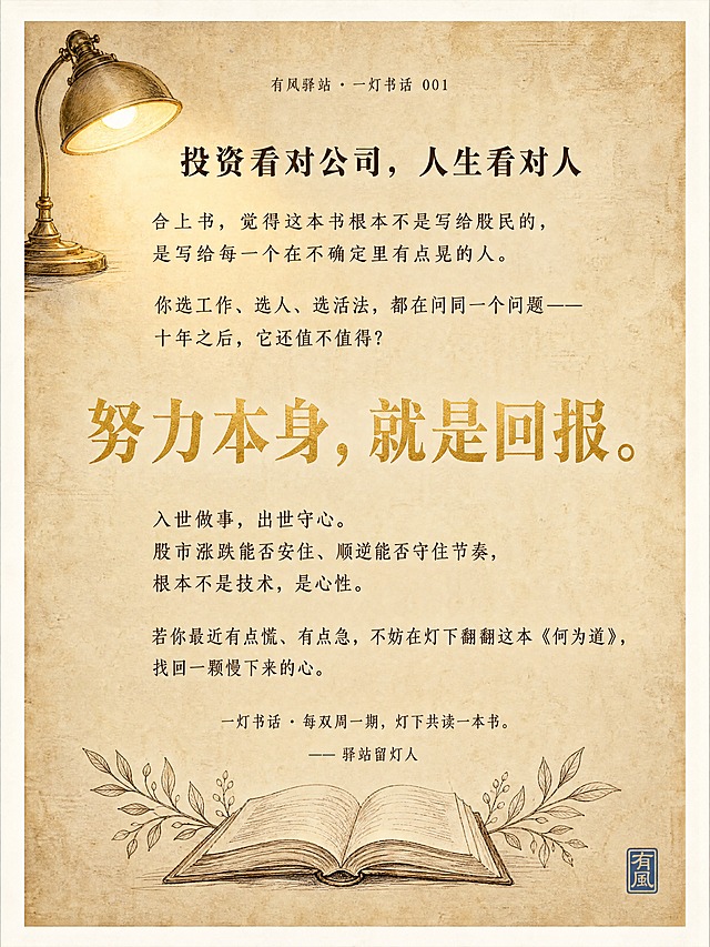 小红书读书分享文字图，第4页结尾页，手机适配竖版3:4比例（1080x1440），暖米色做旧纸张纹理背景，四周有均匀的白色留白边框（白边宽度约占画面整体6%~8%），左上角复古黄铜台灯（与前三页同系列），暖光晕染，整体视觉风格完全统一，氛围更温暖更有收尾感。顶部小字：「有风驿站 · 一灯书话 001」。顶部小标题为深褐色粗宋体，居中：「投资看对公司，人生看对人」。下方正文，深褐色宋体，行间距宽松：「合上书，觉得这本书根本不是写给股民的，是写给每一个在不确定里有点晃的人。

你选工作、选人、选活法，都在问同一个问题——
十年之后，它还值不值得？」。画面中央是最大的收尾金句，浅金色粗宋体，居中醒目，逐字锁定：「努力本身，就是回报。」。金句下方继续正文：「入世做事，出世守心。
股市涨跌能否安住、顺逆能否守住节奏，根本不是技术，是心性。

若你最近有点慌、有点急，不妨在灯下翻翻这本《何为道》，找回一颗慢下来的心。」。底部中间小字：「一灯书话 · 每双周一期，灯下共读一本书。
—— 驿站留灯人」。底部有手绘打开书本线稿，书本两侧有枝叶装饰，收尾感强。右下角有一枚小小的正方形蓝色印章，印章内刻白色篆体「有风」二字，印章尺寸小巧精致，不抢主视觉。文字清晰可读，白边内留安全边距，4K高清。