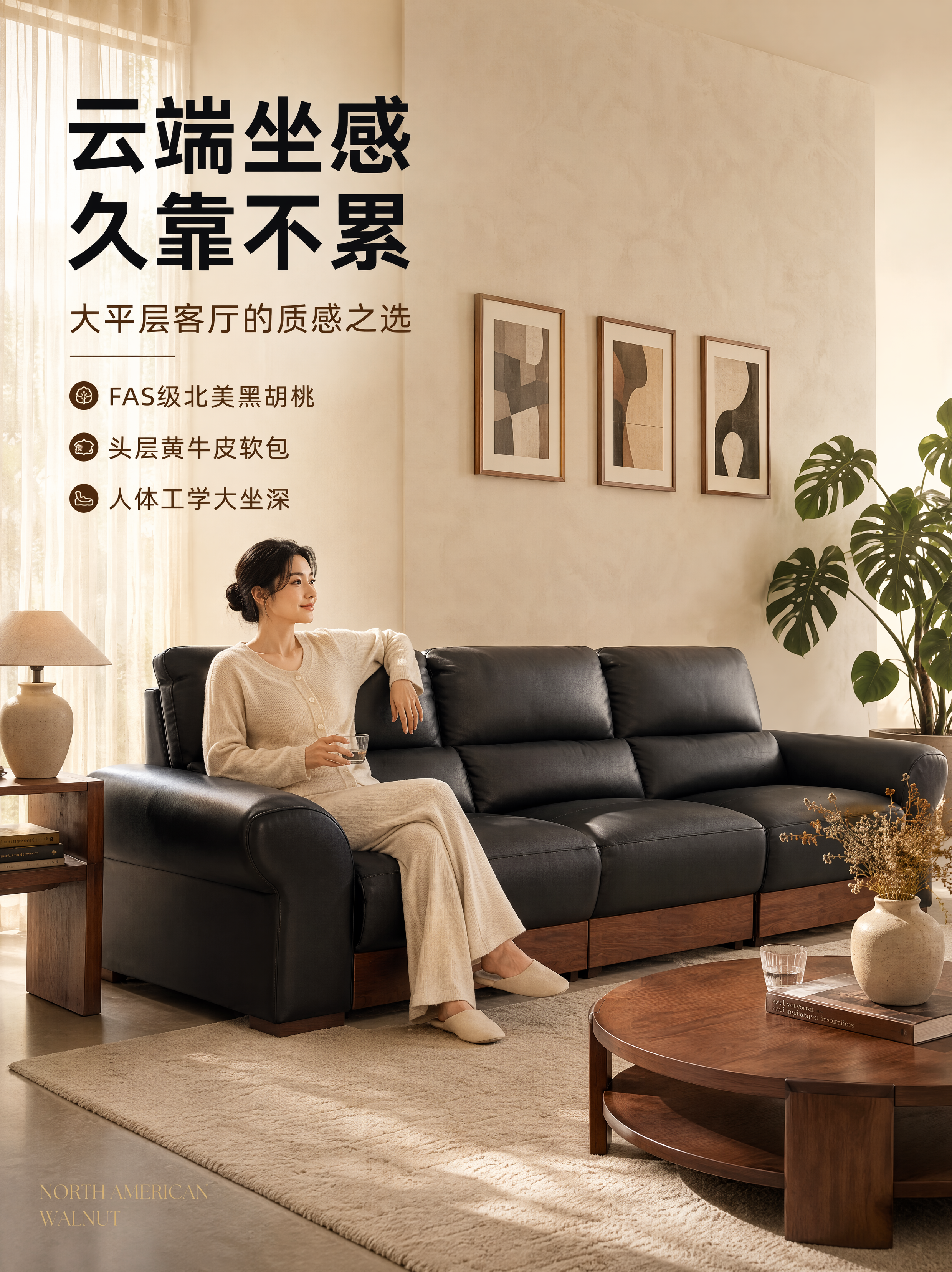 [第1张] 详情页头图主视觉-北美黑胡桃实木真皮功能沙发大平层… - 图片创意预览
