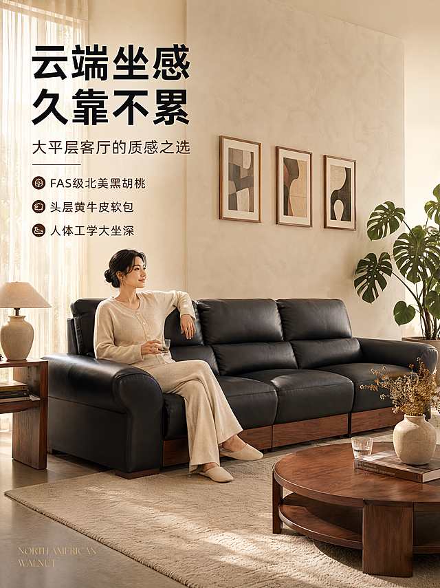 [第1张] 详情页头图主视觉-北美黑胡桃实木真皮功能沙发大平层客厅全景海报。本张使用【图1】作为商品主体。
[氛围/风格] 中古风高级质感 大平层客厅全景 慵懒午后暖调 商业摄影质感
[元素布局] 黑色头层牛皮三人位功能沙发45°斜侧摆放 底座为北美黑胡桃实木 沙发占画面约55% 位于画面中下偏右 沙发前铺米白色羊毛地毯 地毯上放置胡桃木圆形茶几 茶几上有陶瓷花瓶插干花 玻璃水杯 精装书 左侧胡桃木边几配陶瓷台灯 右侧角落大型绿植龟背竹 背景墙米白色艺术漆 墙上挂三幅原木框抽象装饰画 左侧大窗户配亚麻纱帘 午后阳光透过纱帘洒入 1名东亚女性模特穿浅米色针织家居服 自然坐在沙发左侧 手搭靠背 姿态放松 保持沙发外观（物理结构 材质质感 颜色 黑胡桃实木底座 黑色真皮软包 三人位造型）与输入产品图完全一致 杜绝变形色差 精细化处理
[光影质感] 午后侧窗自然光为主光 经纱帘柔化 光线温暖柔和 真皮表面细腻高光 胡桃木呈现温润木纹质感 环境光补充暗部层次 光比舒适 无硬阴影 整体暖调慵懒氛围
[配色色系] 全局底色 #F5EFE6（米白暖木色） 主色 胡桃木棕#8B5A2B + 高级黑#1A1A1A 辅助色 米白#F5F0E8 暖金#C9A96E
[视角构图] 45°斜侧平视 沙发为视觉中心 前中后景分层清晰 景深中等 产品轮廓完整不裁切 阅读动线左上标题→右侧产品
[文字版式] 左侧约1/3竖列文案区 左对齐留安全边距 主标题「云端坐感 久靠不累」 黑色大号粗体无衬线 副标题「大平层客厅的质感之选」 深棕色中号 下方三条亮点 每条配圆点图标 「FAS级北美黑胡桃」「头层黄牛皮软包」「人体工学大坐深」 亮点文字深棕色 底部英文装饰角标「NORTH AMERICAN WALNUT」 金色小号 文字不遮挡沙发主体
[比例分辨率] 3:4 竖版比例 4K分辨率 文字清晰可辨 高清画质
[负向提示词] 变形 水印 文字错乱 文字过小 缺件错件 结构错误 颜色偏差 产品图模糊 背景杂乱 多余的手 畸形手 人物面部扭曲