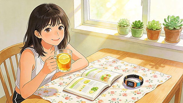 体重管理良好心态主题手绘插画，展示女生轻松微笑享受生活的场景，传递长期坚持不焦虑的健康体重管理理念，手绘插画风格，轻松阳光，画面无任何文字