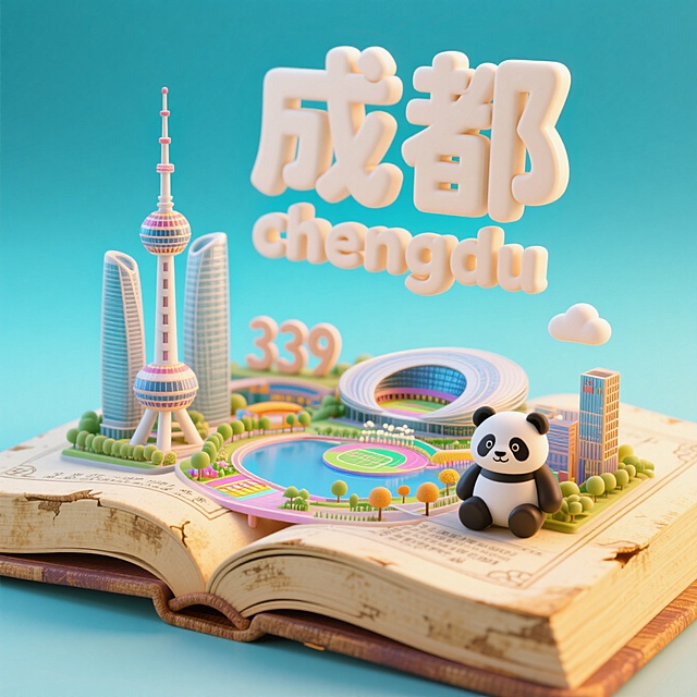 一本打开的古代书籍，书是打开的，书上是成都城市景观微缩模型，有成都的339电视塔，双子塔，环球中心，东安湖体育公园，IFS大熊猫，3D裸眼，上方有中文“成都”和英文“chengdu”，整体画面生动，色调温暖明快，充满活力与朝气，具有梦幻感，背景为浅青蓝渐变。