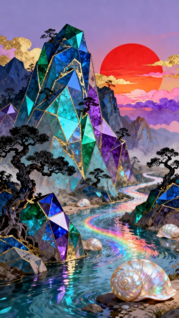 一幅融合了新中式风格与未来感的山水插画，画面中巍峨的山峦呈现出多棱镜般的幻彩效果，由深蓝、翠绿、湖蓝、紫色等多种宝石色调的几何切面构成，山体边缘有精致的金色勾线，如同传统景泰蓝工艺。山间点缀着形态古朴的黑色树木，枝干虬曲苍劲。蜿蜒的河流贯穿整个画面，河水清澈见底，水面波光粼粼，折射出彩虹般的七彩光芒，河床上散落着许多巨大的、具有珍珠母光泽的螺旋贝壳。远处的天空被夕阳染成温暖的橙红色，太阳如同一……预览效果