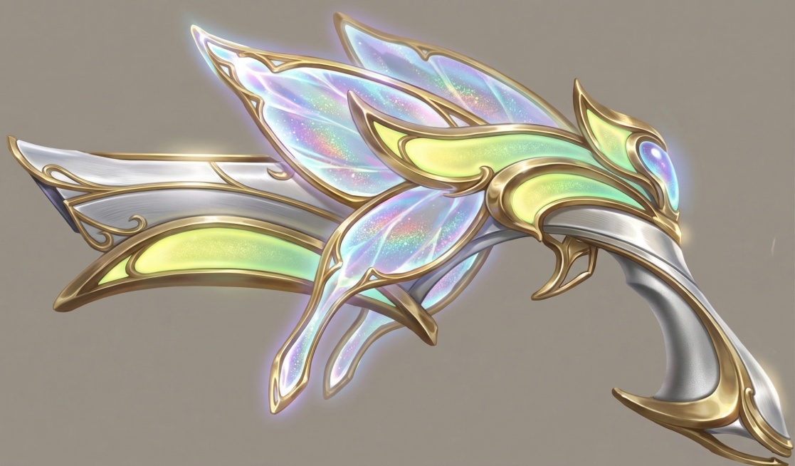 优化这把蝴蝶造型枪械，明确材质区分，提升细节精度，符合游戏原画标准：金属结构部分为高亮抛光银白鎏金，做细微拉丝纹理；蝶翼部分为通透幻彩渐变透明水晶，内部带细碎虹彩闪片，边缘有鎏金包边；黄绿装饰部分为磨预览效果