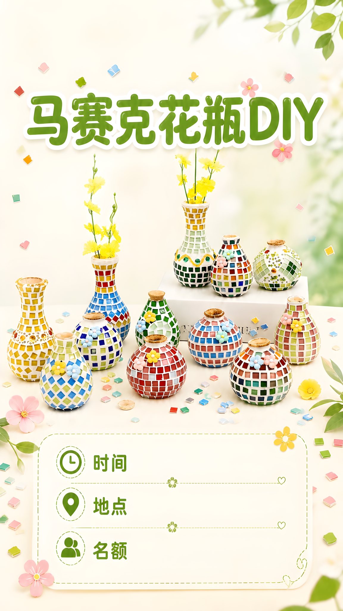 一张手机竖版活动海报，9:16比例，主题为「马赛克花瓶DIY」… - 图片创意预览