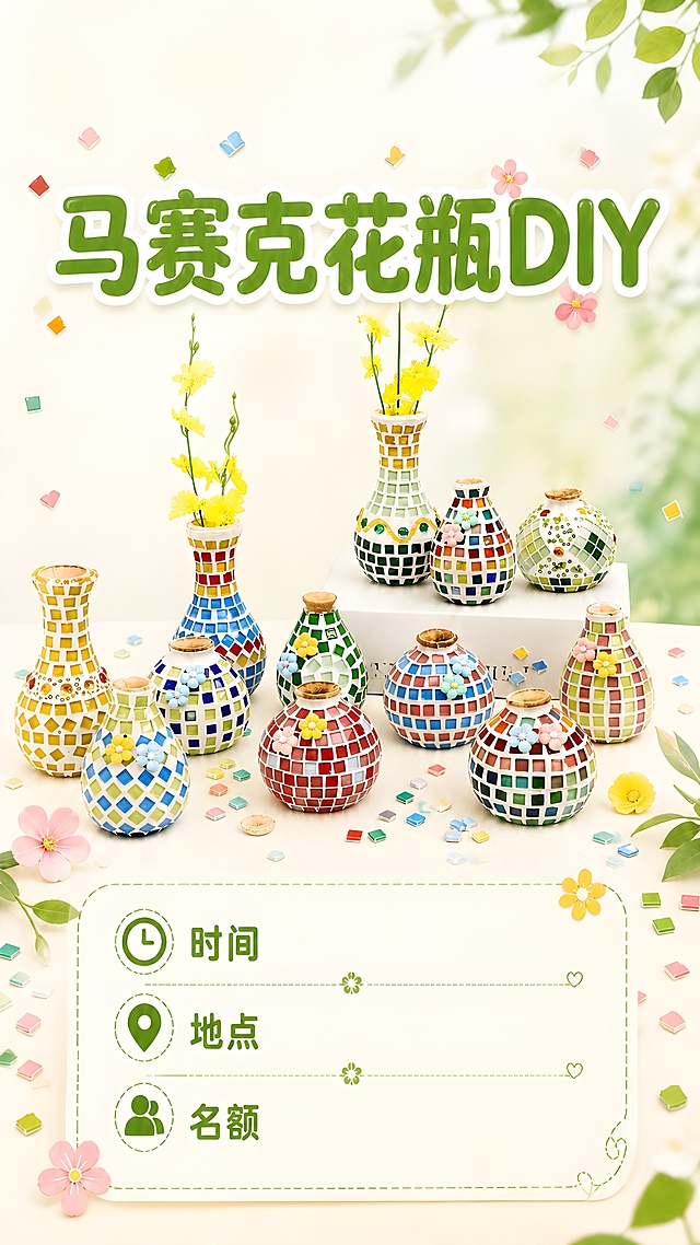 一张手机竖版活动海报，9:16比例，主题为「马赛克花瓶DIY」。画面顶部不顶格，留有舒适留白。主视觉区域提取参考图中的彩色马赛克花瓶元素，多只色彩缤纷的马赛克花瓶错落摆放，有红、蓝、绿、黄、粉等多种颜色的马赛克拼贴图案，瓶身上装饰有小花，部分花瓶插着黄色小花，精致可爱。背景为清新柔和的浅色调，米白与淡绿渐变，营造温馨手作氛围，点缀散落的彩色小马赛克碎片和花瓣装饰。

文字排版：
- 主标题："马赛克花瓶DIY"，位于画面上部，字体圆润可爱，绿色为主色调，醒目清晰
- 没有副标题，主标题下方直接留白过渡到信息区
- 信息区位于画面中下部，三个字段纵向排列（不并排），每行一个字段：
  第一行："时间"
  第二行："地点"
  第三行："名额"
  字段后面不加具体内容、不加冒号、不留横线空白，仅显示字段名称本身，用简洁图标或装饰线分隔

整体风格：温馨治愈、手工DIY、清新活泼，色彩丰富但不杂乱，版式精美，四周留有安全边距，图案不贴画面顶部。没有二维码。画面中所有文字必须清晰可读。