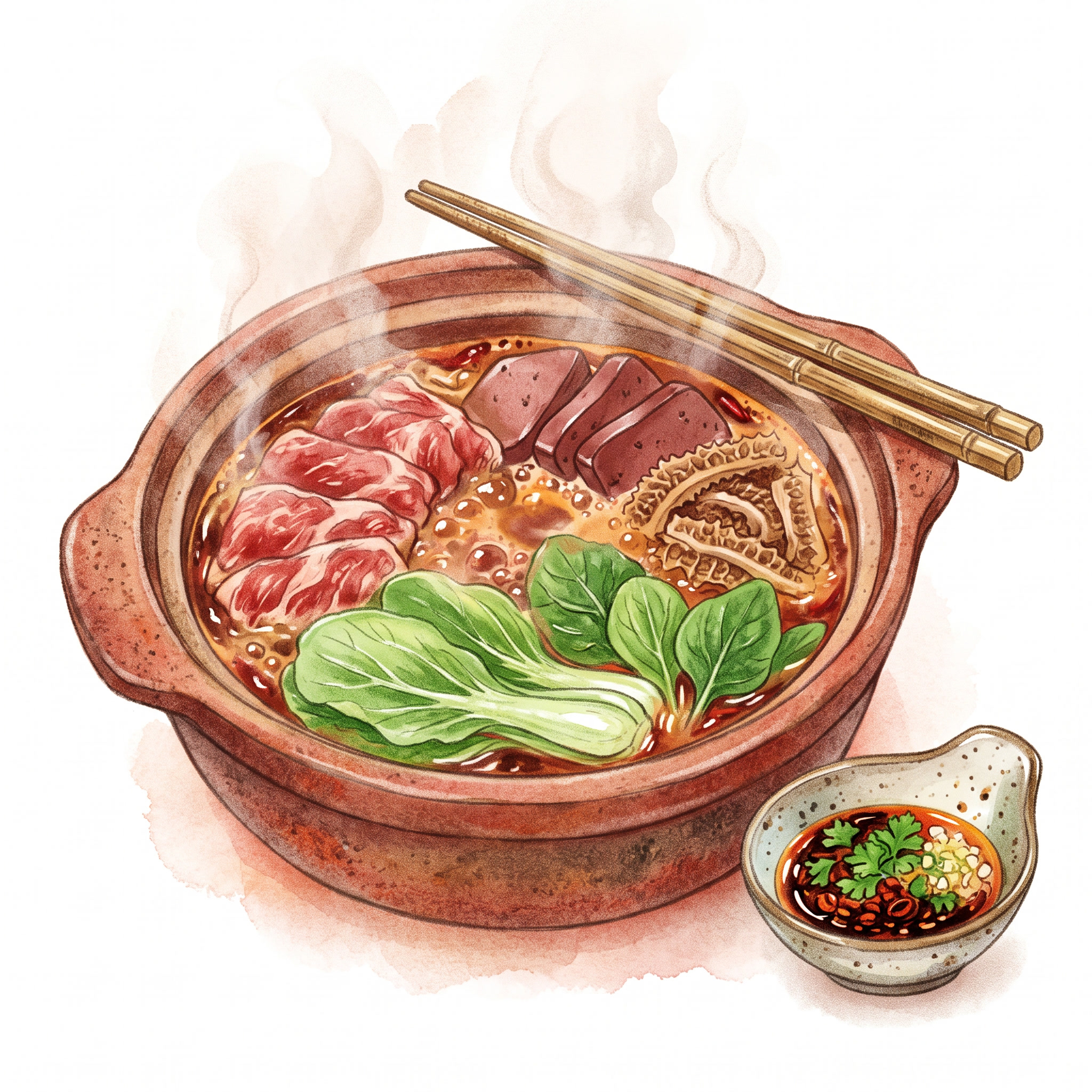 颜色明亮，参考细腻画风：水彩手绘，清新肌理质感，麻辣火锅，红亮… - 图片创意预览