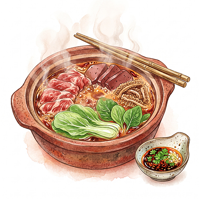 颜色明亮，参考细腻画风：水彩手绘，清新肌理质感，麻辣火锅，红亮汤底翻滚，摆放毛肚、鸭血、肥牛与青菜，色彩层次丰富柔和，画面主体居中，颗粒手绘笔触肌理，纯白干净背景，治愈美食插画，温润低饱和红棕调，细腻笔触，质感温润，简约干净，温柔治愈 8k 高清。比例 1:1。搭配道具：粗陶小火锅、陶瓷蘸料碟。