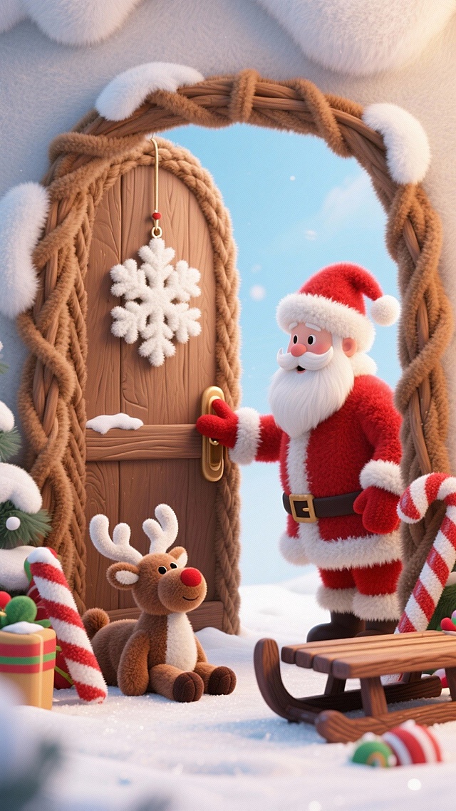 中间是挂针织雪花挂饰的棕褐藤编门框，圣诞老人向内推门。门前摆着毛绒驯鹿玩偶、拐杖糖、木质雪橇。背景是淡蓝天空，地面铺细碎 “盐雪”，点缀翠绿松枝。