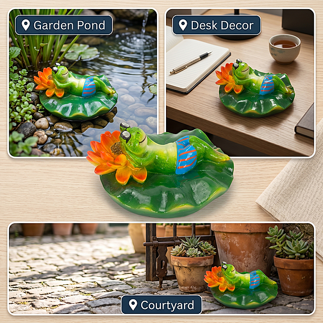 [Main Image 4] Multiple scenarios display. Show frog decor placed in courtyard, pond, desk. One product in three small scenes, consistent style. Keep product shape same as original. 1:1, commercial photo. English text: Perfect for 📍Garden Pond, 📍Desk Decor, 📍Courtyard. All English, no Chinese. Negative: deformation, watermark, Chinese text