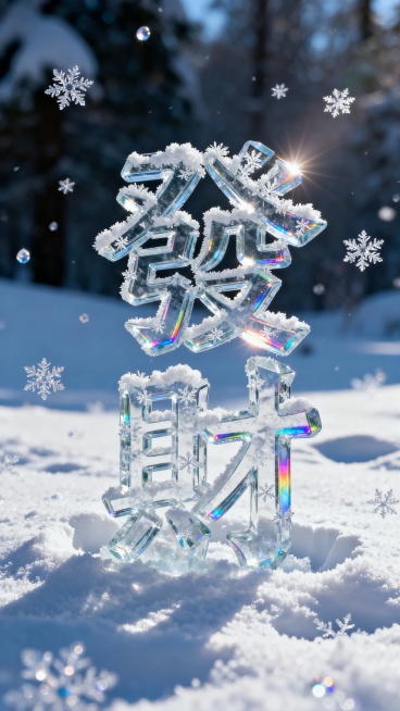 背景是皑皑白雪个别特写的雪花：前景是晶莹剔透“发财”蓬松雪花繁体字，冰雕雪花纹理描边，多层冰块玻璃质感叠加有一定厚度，重重的扎在松软白茫茫的雪地里，文字四周有深深的凹痕，有道光线照射在边缘上，文字折射预览效果