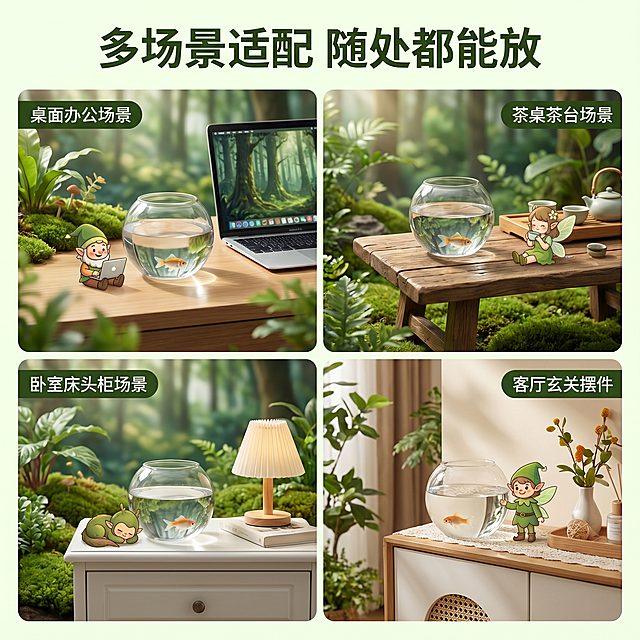 [主图 4] 掌上鱼缸多场景适用展示图。[氛围风格] 森林卡通风格，真实生活场景，治愈清新。[画质] 商业摄影真实质感，光线柔和通透，产品清晰真实，画面干净高级。[元素] 四宫格展示不同使用场景，每个场景都包含本款圆形玻璃掌上鱼缸：1 左上角桌面办公场景，放在电脑旁；2 右上角茶桌茶台场景；3 左下角卧室床头柜场景；4 右下角客厅玄关摆件。鱼缸保持产品外形结构与参考图一致。每个场景搭配一个迷你卡通小人物元素，保持风格统一。整体排版干净清晰，对比分明。[光影] 每个场景都使用自然柔和光线，真实自然，产品通透清晰。[配色] 每个场景都以环境自然色为主，统一清新自然风格。[文字版式] 顶部大标题「多场景适配 随处都能放」深绿色加粗居中。每个宫格角落标注场景名称，字体小巧清晰。[比例分辨率] 1:1 比例，2k 分辨率，文字清晰可辨，超高清。[负向提示词] 变形，水印，文字错乱，产品图模糊，背景杂乱，玻璃质感失真。