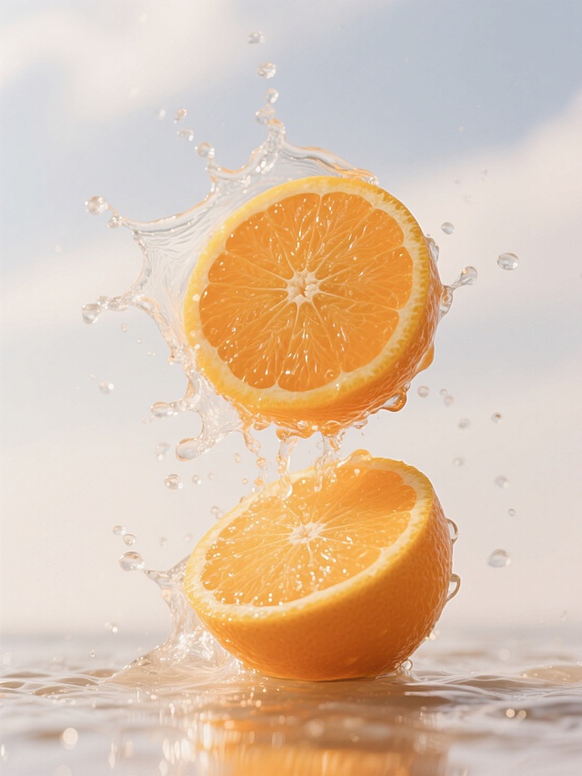 橙子切片与水花碰撞，清新液态风设计，展现夏日清爽感。