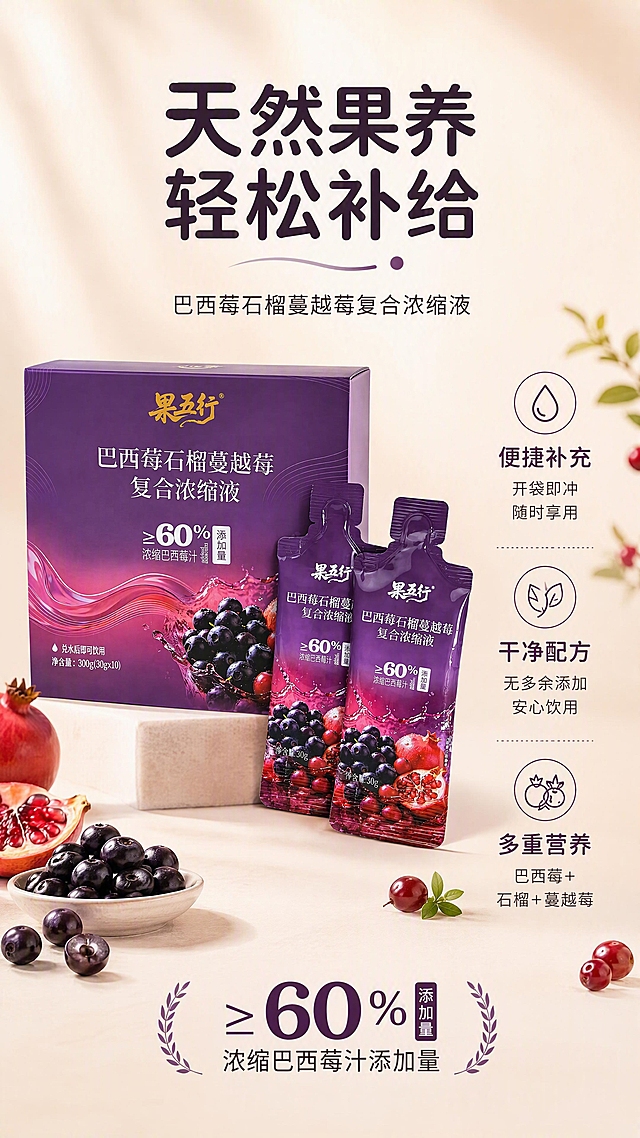 [第2张] 详情页核心卖点页 - 巴西莓石榴蔓越莓复合浓缩液产品全貌与三大卖点展示。本张使用【图1】作为产品包装盒主体，【图3】作为盒+袋组合展示参考。
[氛围/风格] 低饱和柔和治愈风，延续上一张的松弛感，商业摄影质感，干净高级。
[元素布局] 产品包装盒置于画面中上偏左位置，占比约45%，旁边斜靠两袋独立小袋包装，形成高低错落的产品组；背景为浅米杏色渐变，底部有柔和的台面投影；周围点缀少量新鲜巴西莓、石榴、蔓越莓果实元素，增加天然感；右侧及下方为卖点文案区。产品包装的紫色、文字、图案、结构必须与输入图保持一致，不得变形或错乱。
[光影质感] 左上方柔和柔光照明，右下自然浅投影，整体明亮通透，包装表面有细腻光泽感。
[配色色系] 全局底色 #F5F0EB 浅米杏色渐变（与第1张统一）；主色产品紫 #7B5C94；辅助色暖米色、浅粉紫；点缀色深紫棕文字。
[视角构图] 产品45°斜侧视角，主体偏左上，阅读动线从产品 → 右侧卖点 → 底部信息。
[文字版式] 顶部主标题「天然果养 轻松补给」，温润圆角黑体，深紫棕色；右侧分三栏呈现三大卖点，每栏配简约线性小图标：第一栏「便捷补充」配水滴图标，副文「开袋即冲 随时享用」；第二栏「干净配方」配叶子图标，副文「无多余添加 安心饮用」；第三栏「多重营养」配果实图标，副文「巴西莓+石榴+蔓越莓」；底部标注「≥60% 浓缩巴西莓汁添加量」；文字清晰，移动端可读。
[比例分辨率] 9:16 竖版比例，4K 分辨率，文字清晰可辨，高清画质。
[负向提示词] 包装变形，缺件错件，颜色偏差，水印，文字错乱，产品图模糊，背景杂乱，医疗功效暗示。