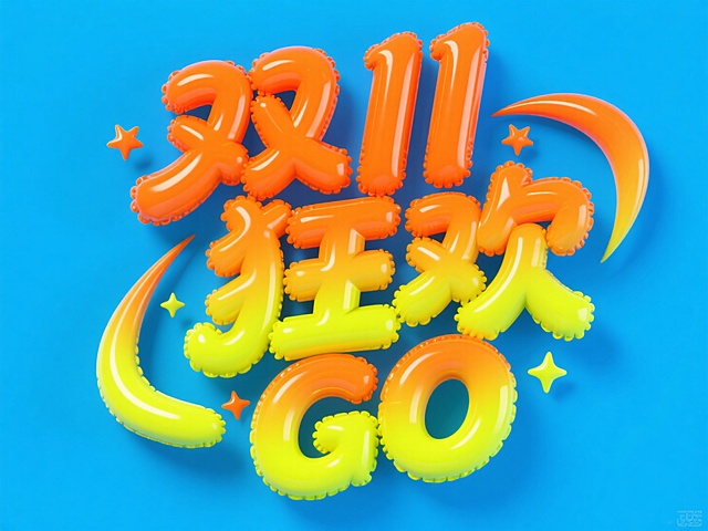 3D充气字体设计“双11狂欢GO”字样，亮橙色 + 荧光黄渐变，表面带细腻光泽（类似原图立体字的胶质反光），字体膨胀饱满，蓝色背景