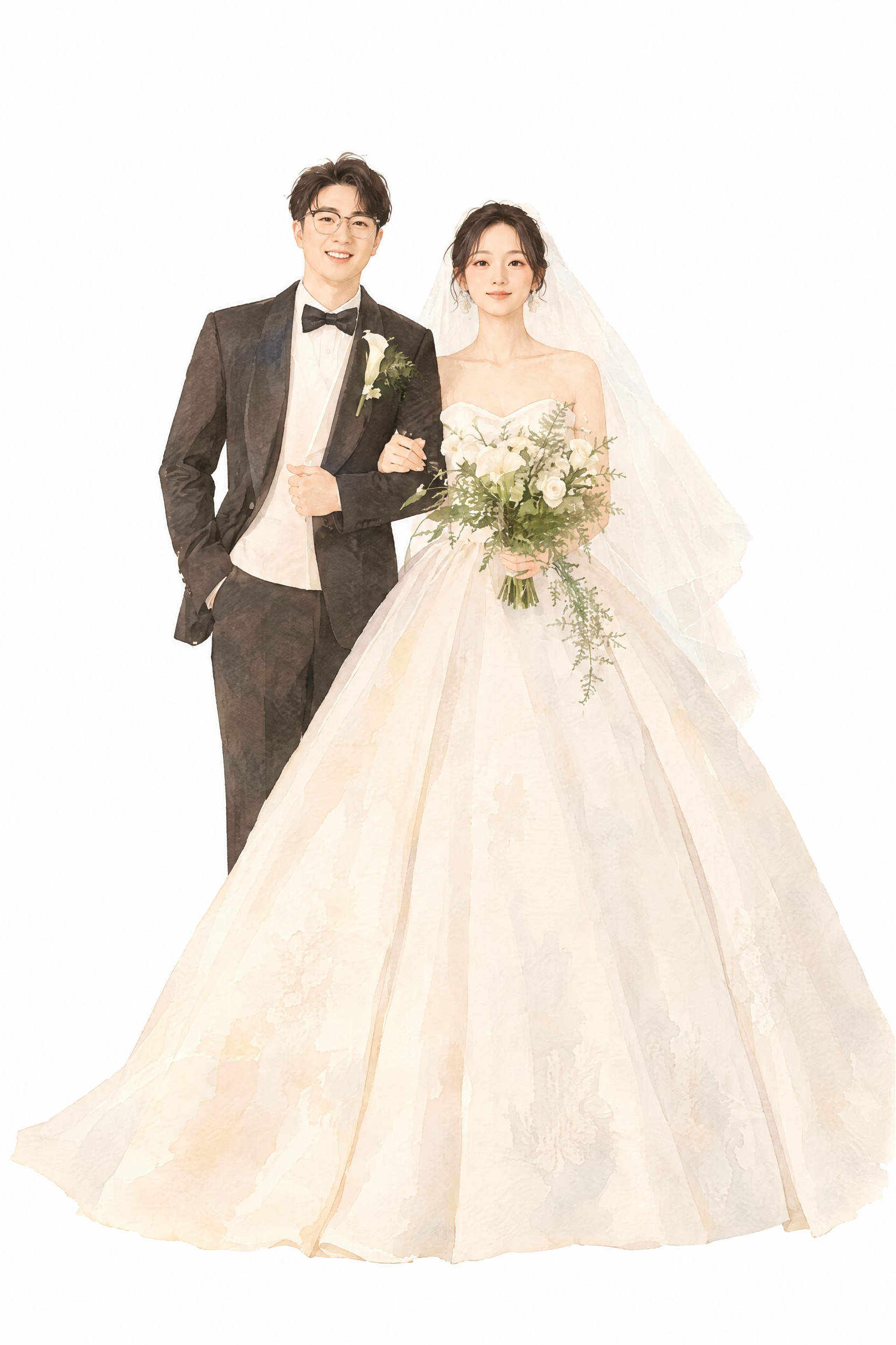 将这张婚纱照重绘为第一张参考图的手绘插画风格：温柔的水彩质感、… - 图片创意预览
