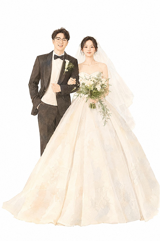 将这张婚纱照重绘为第一张参考图的手绘插画风格：温柔的水彩质感、扁平插画画风、柔和的米色调、线条细腻，人物面部特征保留，新娘白色抹胸蓬裙婚纱、头纱，新郎黑色西装领结，手持白色花束，整体画面温馨浪漫，纯白背景