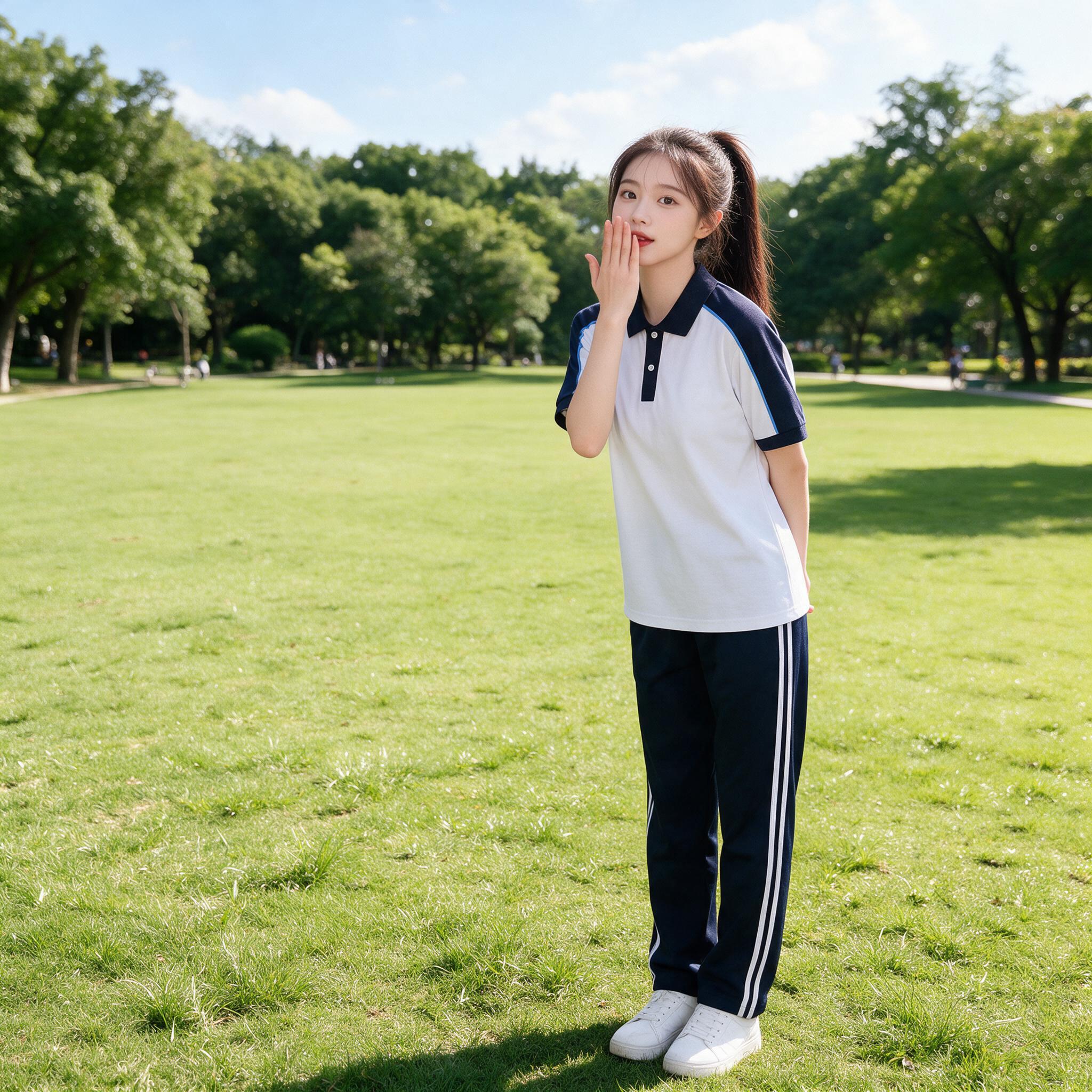 阳光明媚的公园大草坪上，一名女中学生全身照，身高约166cm。… - 图片创意预览