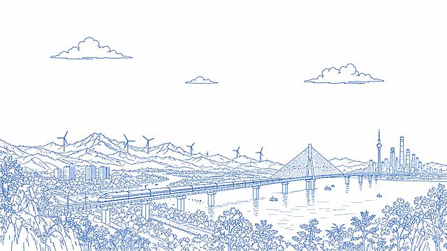 只用纯蓝色线条描边的方式重新表现这幅城市山水高铁桥梁风景图，去除填色和明暗，保留全部场景构图和元素，只保留清晰干净的线条轮廓