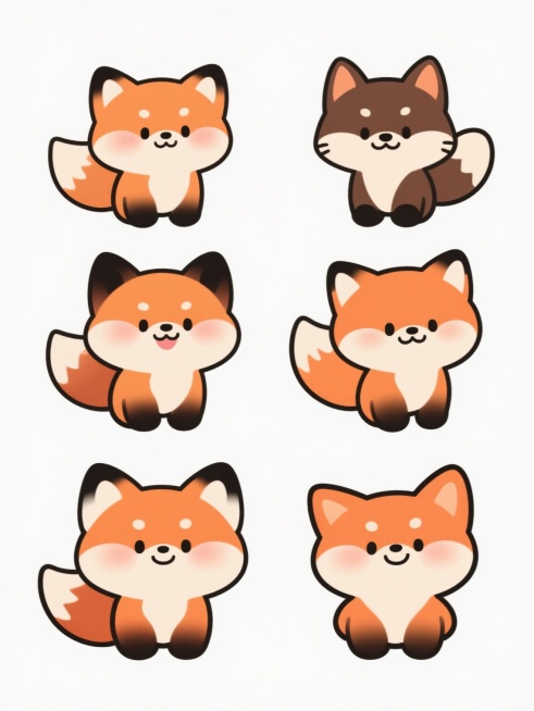 六个不同样式、不同种类、不同外观的卡通狐狸，均采用圆润可爱的Q版造型，具有明亮柔和的渐变色彩，橙白为主色调，搭配深棕色细节，光滑无纹理的数字绘画质感，简洁的黑色轮廓线，温暖友好的表情，姿态各异，整齐排列在纯白色背景上，画面简洁明快，充满童趣。预览效果