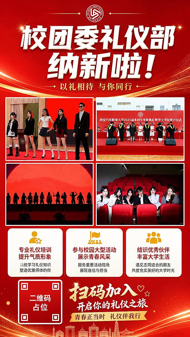 校团委礼仪部纳新海报，竖版9:16，青春校园风格。画面顶部居中大标题"校团委礼仪部 纳新啦！"，白色粗体字配红色渐变背景，醒目大气。标题下方副标题"以礼相待 与你同行"，金色小字。画面中部为四张等大的照片拼图，2x2网格排列，每张照片大小完全一致，间距均匀，照片内容为礼仪部成员活动风采照（走秀、毕业典礼、舞台剪影、礼堂合影），照片边缘有细白色边框装饰。照片下方是三个圆角白色信息卡片，分别写着"专业礼仪培训 提升气质形象"、"参与校园大型活动 展示青春风采"、"结识优秀伙伴 丰富大学生活"，每个卡片前有金色小图标。底部左侧有一个红色方形二维码占位符，中央标注"二维码占位"文字，右侧写着"扫码加入 开启你的礼仪之旅"。整体配色以红色为主色调，搭配金色和白色，庄重又不失青春活力。版式精美，层次分明，四周留有安全边距。画面中所有信息区域必须填充完整合理的内容，不得出现空白框或待填写区域。