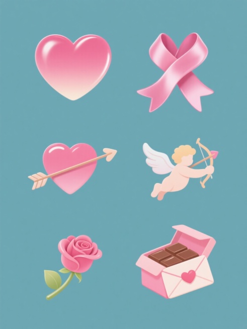 六个情人节主题元素，每个元素样式、配色、风格各不相同，均以纯色为背景，整体排列整齐。元素包括：粉色渐变光泽的丝绸心形丝带，边缘光滑，有柔和的高光和阴影，呈现出优雅的飘逸感；还有其他五种不同样式的情人节元素，如爱心、丘比特之箭、玫瑰花、情书、巧克力盒等，每种元素都有其独特的配色和风格，如有的采用复古风格，有的采用现代简约风格，有的采用手绘风格等，所有元素在纯色背景上排列整齐，整体视觉效果统一且富……预览效果