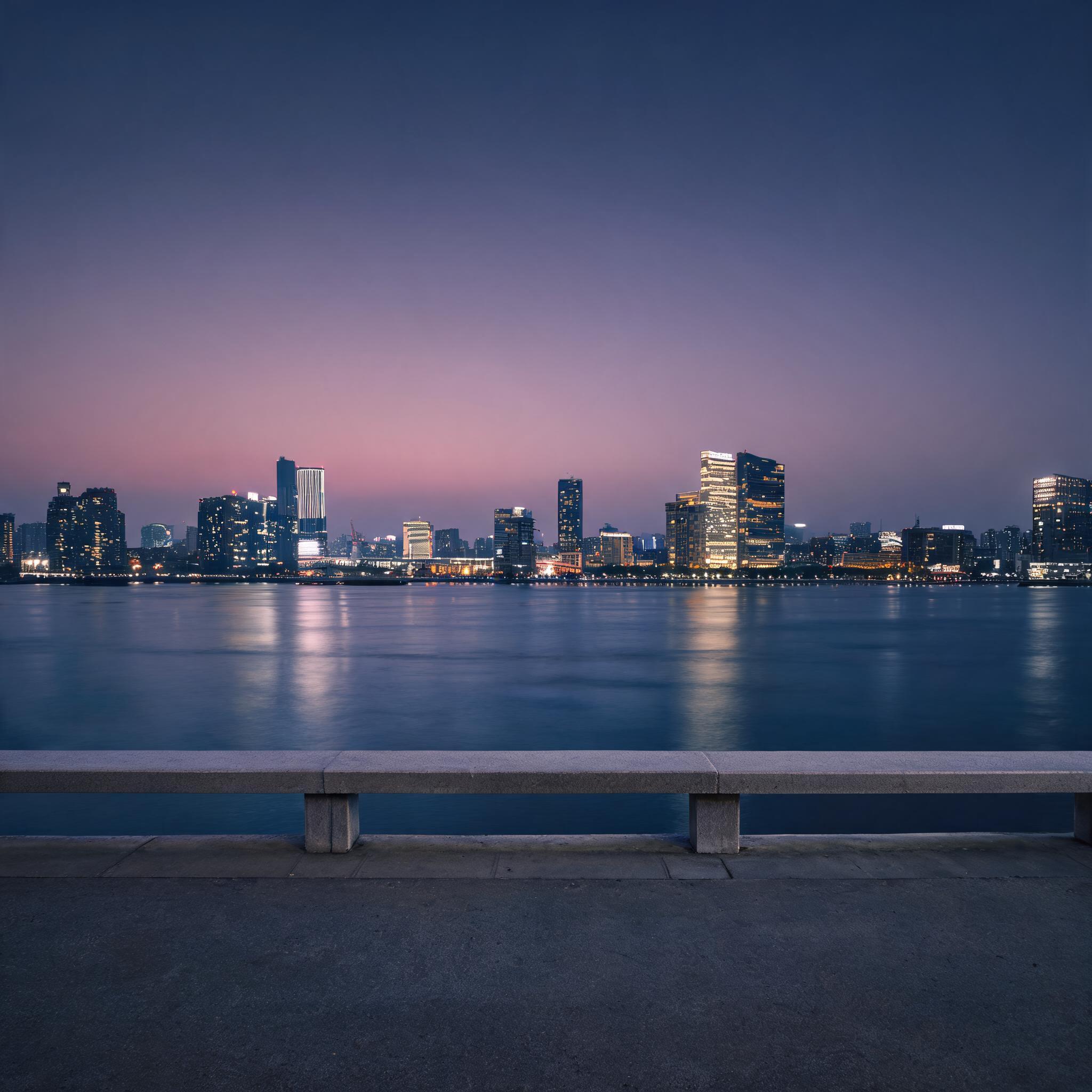 写实城市夜景摄影，傍晚暮色时分。临江的水泥护栏台面空无一人，安… - 图片创意预览