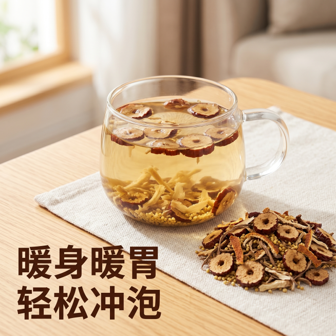 [主图-4] 冲泡饮用场景展示。
[氛围风格] 温馨生活化养生场景，代入感强；
[画质] 商业摄影质感、光线柔和通透、产品清晰真实、画面干净高级。
[元素] 干净玻璃杯中冲泡好的红枣陈皮姜丝米茶，茶汤预览效果