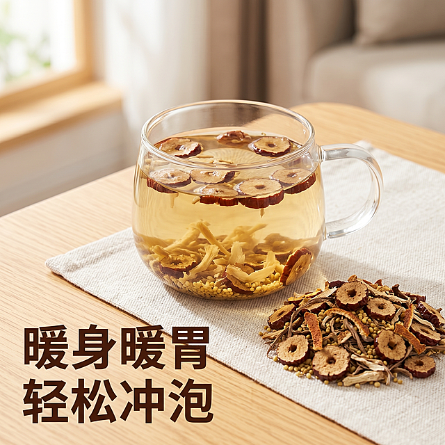 [主图-4] 冲泡饮用场景展示。
[氛围风格] 温馨生活化养生场景，代入感强；
[画质] 商业摄影质感、光线柔和通透、产品清晰真实、画面干净高级。
[元素] 干净玻璃杯中冲泡好的红枣陈皮姜丝米茶，茶汤呈现自然浅棕黄色，能看到原料略微舒展，旁边放着干燥的原料堆展示前后对比，干燥原料保持外观颜色与输入图一致。场景放置在温馨原木餐桌上，搭配浅色棉麻餐垫，营造自然舒适的养生氛围。商品主体占比严格控制在70%左右，画面满屏无边框。
[光影] 窗边柔和自然光，暖调，玻璃通透感呈现茶汤色泽，阴影柔和舒适。
[配色] 主色调为原木浅木色，搭配茶汤浅棕色，干净温暖。
[视角构图] 侧俯拍摄，主体突出，浅景深突出玻璃杯和产品。
[文字版式] 左下大字写“暖身暖胃 轻松冲泡”，深棕色粗体，不遮挡产品主体。
[比例分辨率] 1:1 比例，2k 分辨率；文字清晰锐利，画面超高清。
[负向提示词] 变形，水印，文字错乱，产品图模糊，背景杂乱，牛皮癣，配色刺眼，遮挡主体。