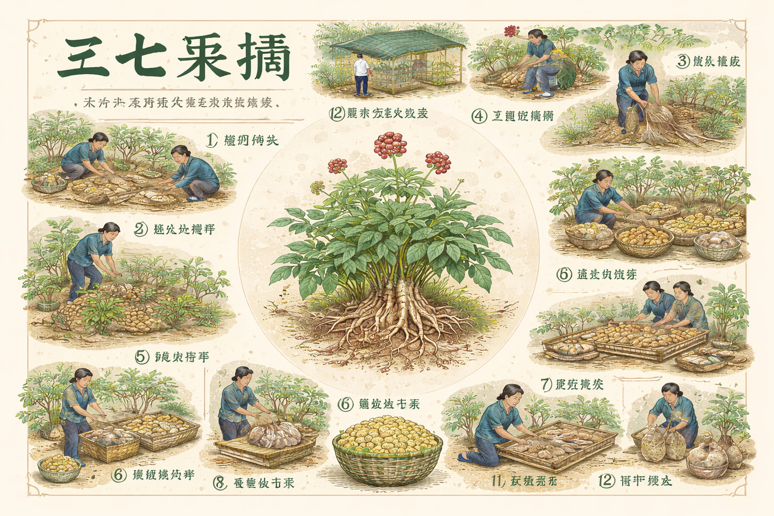 参考参考图的排版风格，制作三七采摘工艺图，整体为国风暖米色底色… - 图片创意预览