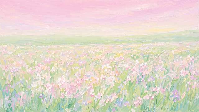 参考参考图片的花海画面内容，生成浅色系油画风格的相似作品