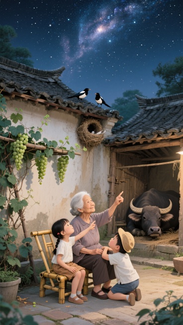夜晚，繁星点点的银河星空下，传统中式屋檐的院子里，一位白发奶奶坐在竹椅上，身边围着三个小朋友仰头看星空，扎辫子的小女孩伸出手指向银河，戴帽子的小男孩趴在奶奶膝盖上认真听故事，葡萄藤爬满院子角落的架子，预览效果