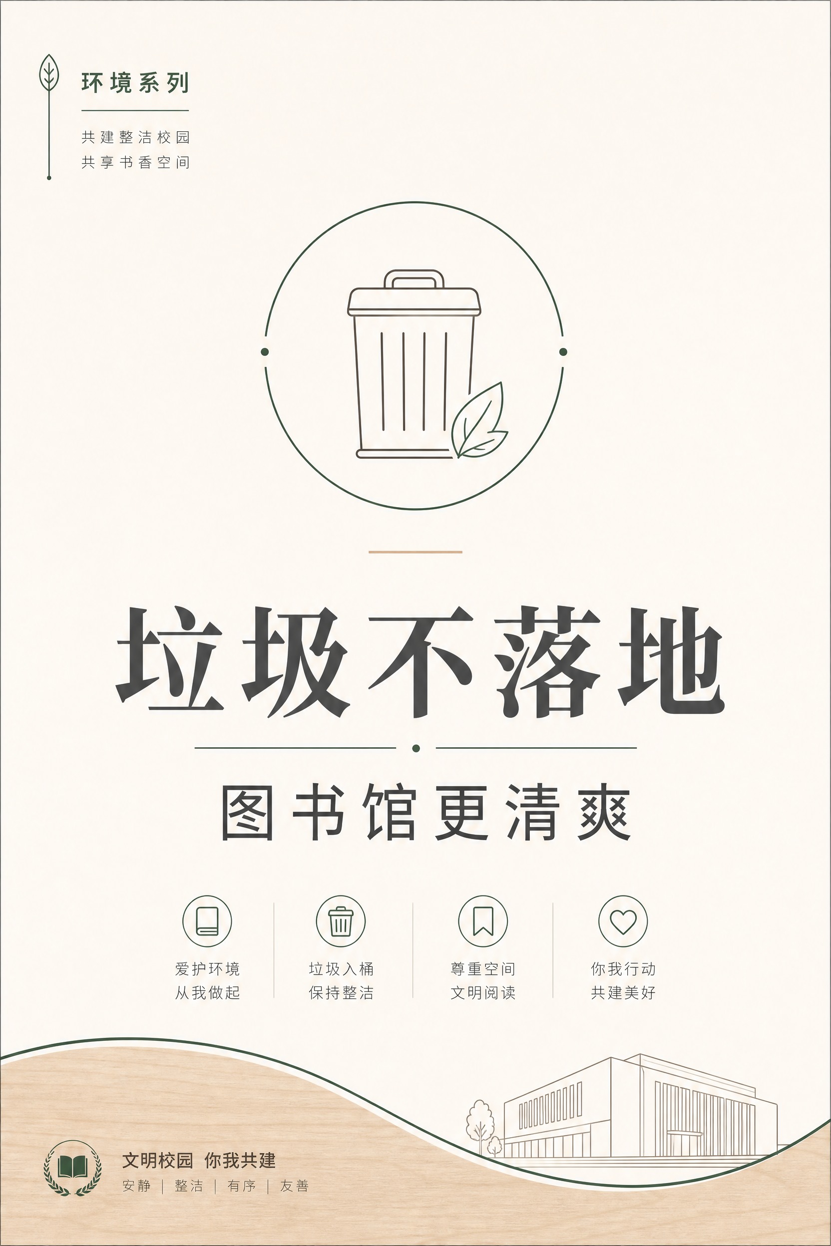 大学图书馆文明提示海报，极简校园公共空间风格，简约清爽克制高级… - 图片创意预览