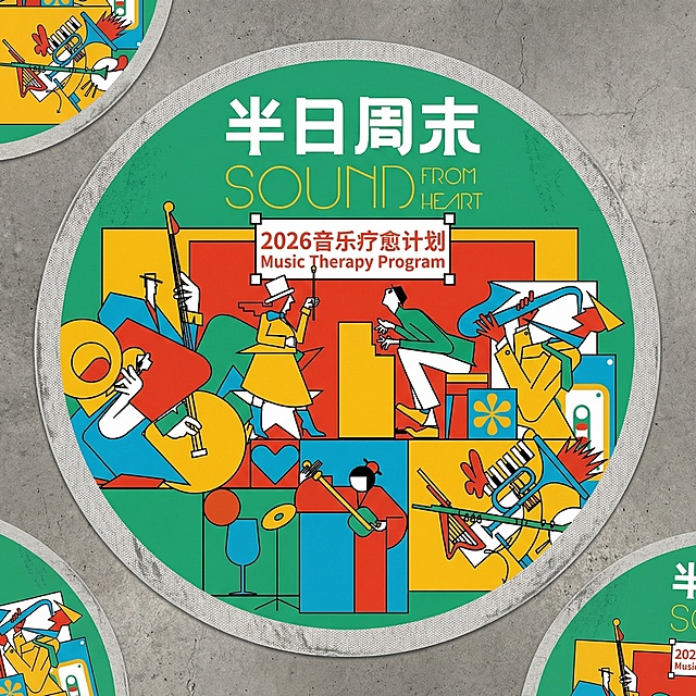 基于半日周末2026音乐疗愈计划的扁平风插画，生成活动地贴设计，保持绿红黄配色、几何线条音乐人物风格，融入活动文字，适合地面张贴，防滑耐磨视觉醒目，和已有美陈风格统一
