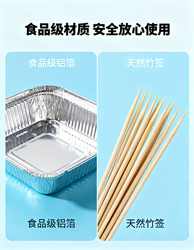 主图主题：安全材质说明
氛围风格：专业品质安心风
画面元素：左侧展示食品级铝箔烤盒，右侧展示食品级竹签，特写展示材质细节，无毛刺光滑表面，材质展示清晰干净，背景浅蓝干净背景，突出安全属性
配色色系：浅蓝色背景搭配产品原本金属色和木色
视角构图：左右分栏展示，各占一半画面
文字版式：主标题“食品级材质 安全放心使用”，黑色加粗顶部居中；每个材质旁标注“食品级铝箔”“天然竹签”文字说明，文字清晰不遮挡主体