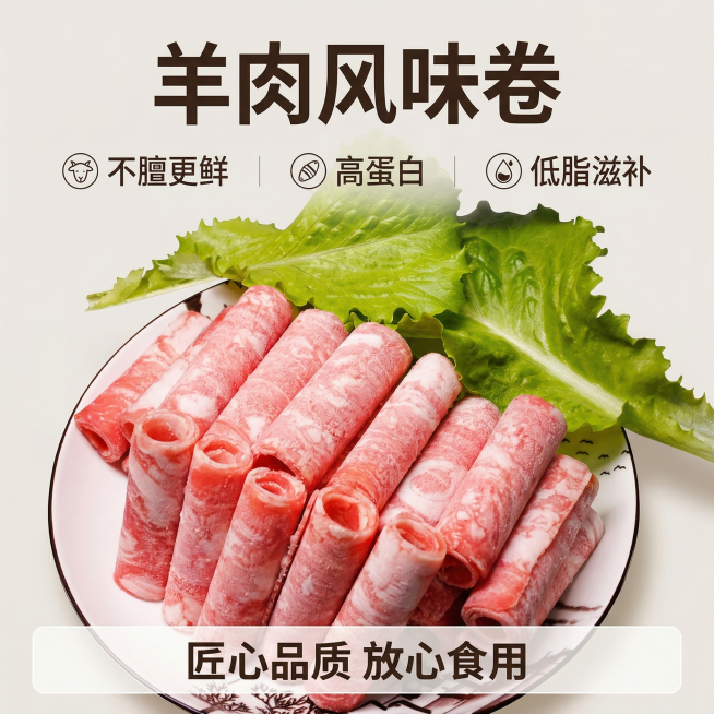 [主图 5] 优势总结与服务保障，不膻更鲜高蛋白滋补
[氛围/风格] 干净专业电商风，暖调清晰质感
[画面元素] 保持原图羊肉卷完整摆盘造型，保留生菜搭配，背景干净浅灰色底，产品摆放中心位置，整体简洁预览效果