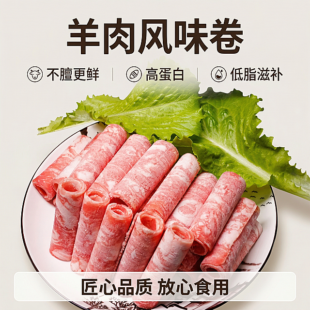 [主图 5] 优势总结与服务保障，不膻更鲜高蛋白滋补
[氛围/风格] 干净专业电商风，暖调清晰质感
[画面元素] 保持原图羊肉卷完整摆盘造型，保留生菜搭配，背景干净浅灰色底，产品摆放中心位置，整体简洁大气
[配色色系] 主色调：肉粉色；辅助色：浅灰背景、嫩绿生菜，干净协调
[视角构图] 中心对称构图，画面平衡饱满
[文字版式] 顶部产品名称“羊肉风味卷”加粗大字体；中间横向三列卖点：“不膻更鲜 高蛋白 低脂滋补”，每个卖点配小图标，字体清晰；底部半透明白条放置服务文字“匠心品质 放心食用”，所有文字不遮挡主体
[比例分辨率] 1:1比例，2k分辨率，保持羊肉卷摆盘造型和纹理和原图完全一致